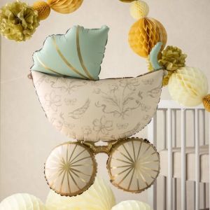 Фолио балон бебешка количка в цвят Мента , бежово и златно / Mint , beige , gold