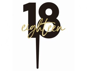 Топер за торта Черен със златен надпис Eighteen 18 / Black & Gold