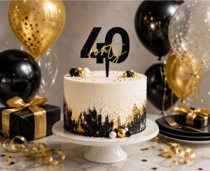 Топер за торта Черен със златен надпис Forty 40 / Black & Gold