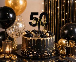 Топер за торта Черен със златен надпис Fifty 50 / Black & Gold
