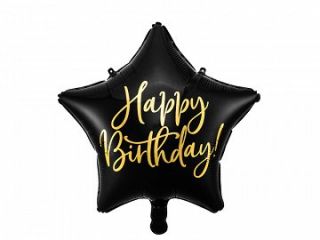 Фолио балон Звезда Happy birthday в цвят Черен