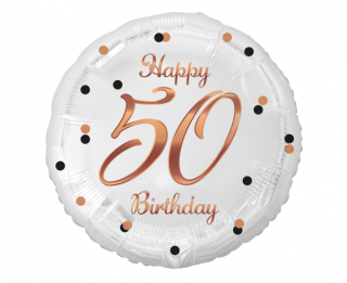 Фолио балон бял с розово златен надпис Happy birthday 50