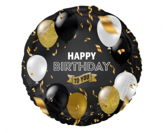 Фолио балон черен със бял/златен/черен надпис Happy birthday to You