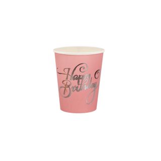 Парти чашки Розови със сребърен надпис Happy birthday