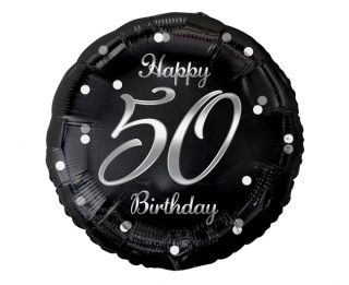 Фолио балон черен със сребърен надпис Happy birthday 50 с хелий