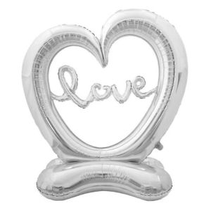 Огромен фолиев балон Сърце на стойка с надпис Love - сребърно 59"/150 см.