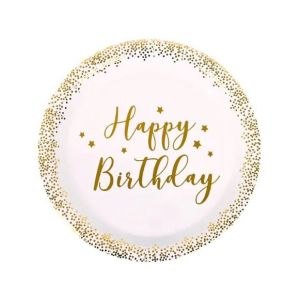 Парти чинийки Happy birthday Бели със златен надпис НВ - 10 броя