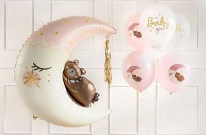 Латексов балон с цветен печат Baby girl с луна и мече -6 броя в пакет