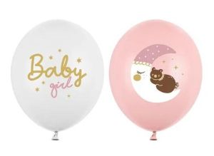Латексов балон с цветен печат Baby girl с луна и мече -6 броя в пакет
