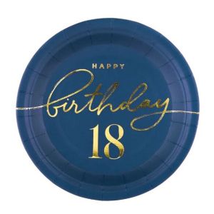 Парти чинийки Happy Birthday 18 тъмно синьо / златно - 6 броя