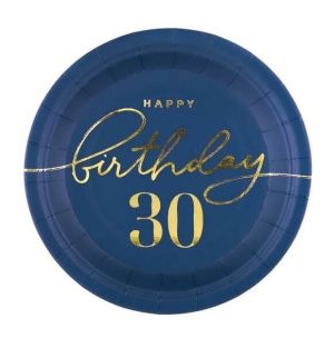 Парти чинийки Happy Birthday 30 тъмно синьо / златно - 6 броя