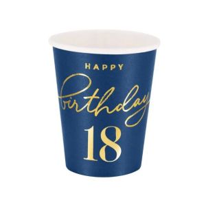 Парти чашки Happy Birthday 18 тъмно синьо / златно - 6 бр.