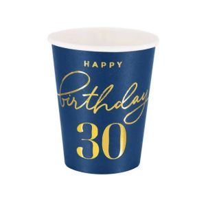 Парти чашки Happy Birthday 30 тъмно синьо / златно - 6 бр.